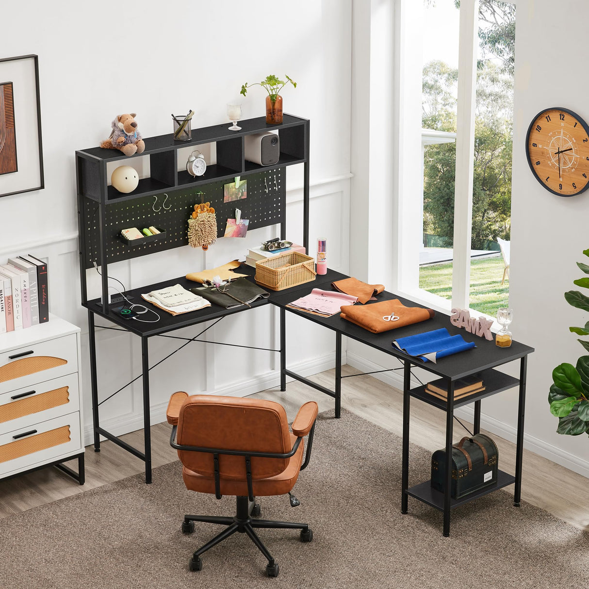 L Shaped Gaming Desk, 66 Inch Large Computer Desk with Power Outlet and Pegboard