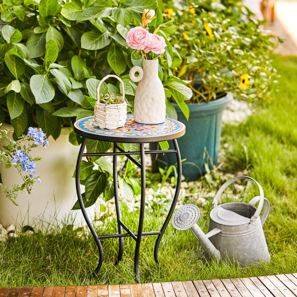 Mosaic Side Table and Plant Stand, 21" Round End Table with 14" Ceramic Tile Top