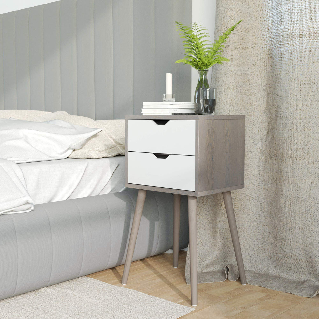 Nightstands Set of 2, Night Stand with Drawers, Bedside Tables with Solid Wood Legs and