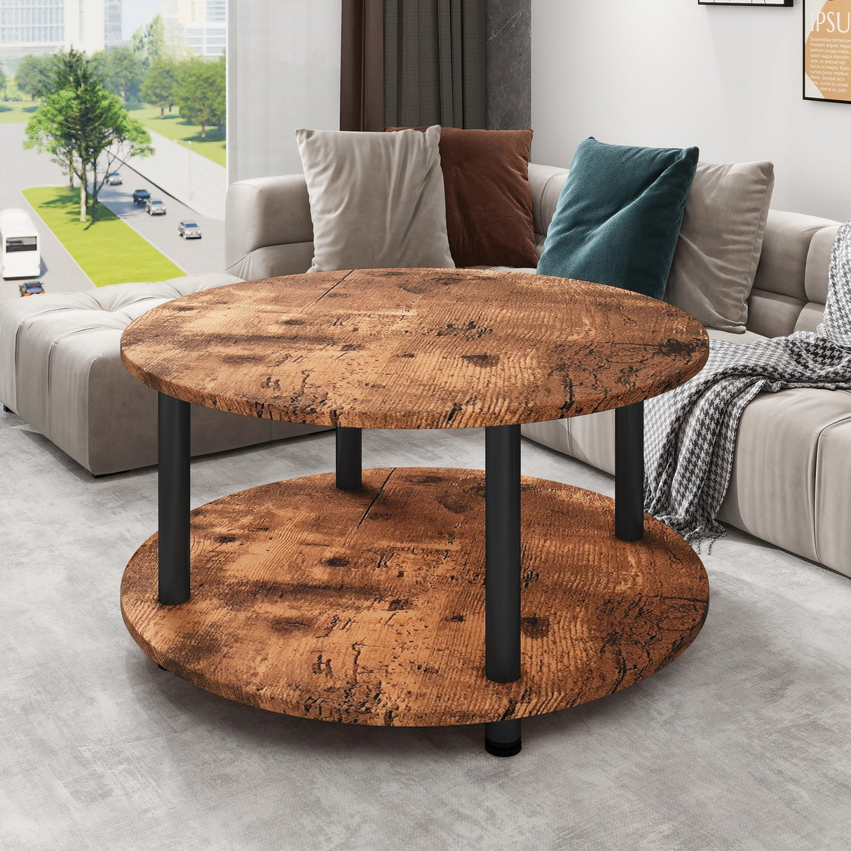 23.6" Round Coffee Table, 2-Tier Small Circle Coffee Table with Storage