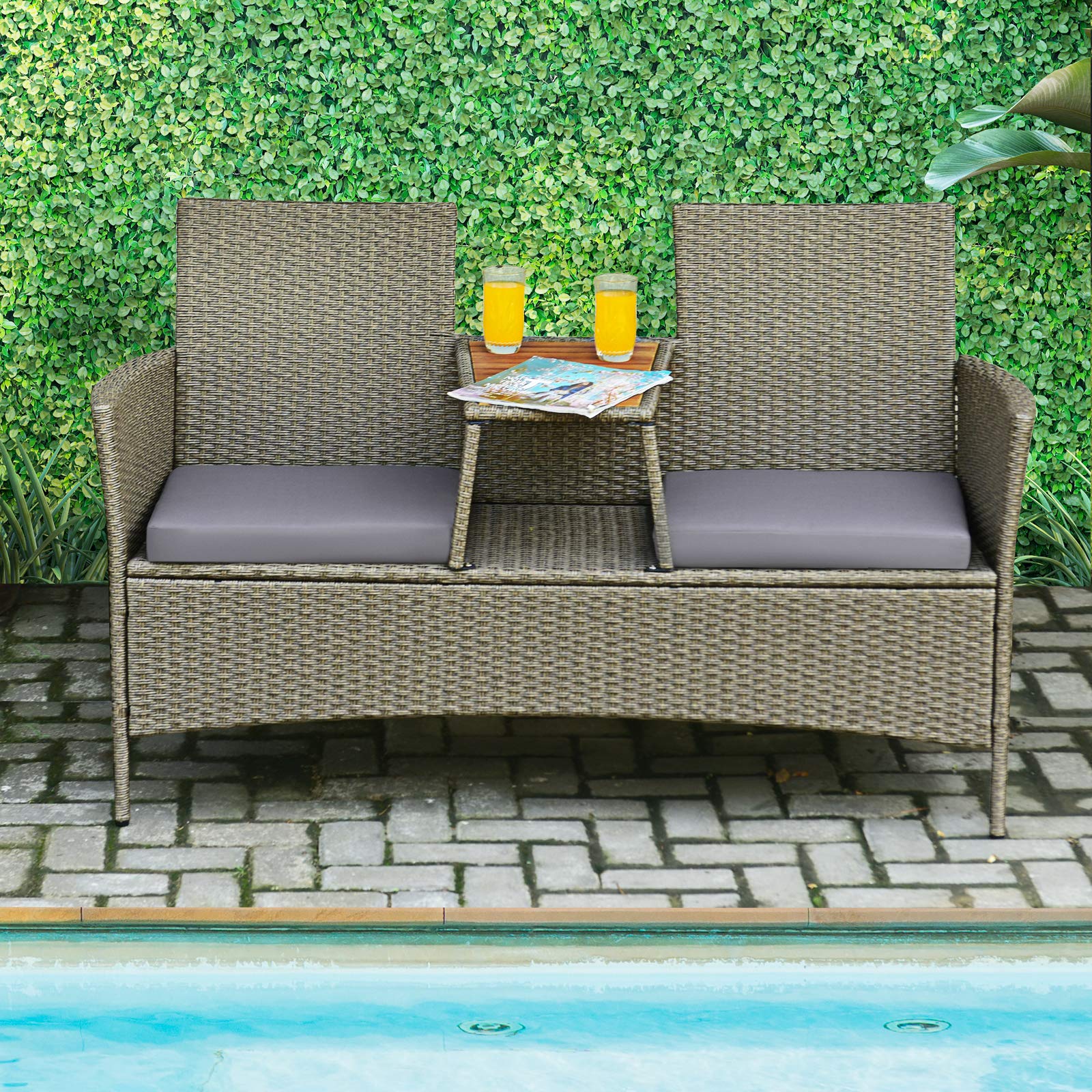 Outdoor Rattan Loveseat, Patio 2-Person Wicker Conversation Set w/Cushion