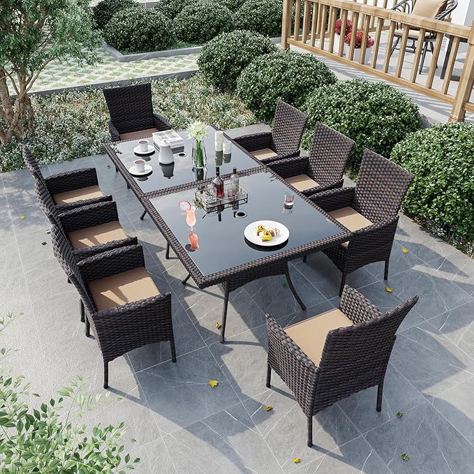 10-Piece Indoor/Outdoor Dining Table Set, Garden Patio Rattan Set with w/Tempered Glass Tabletop