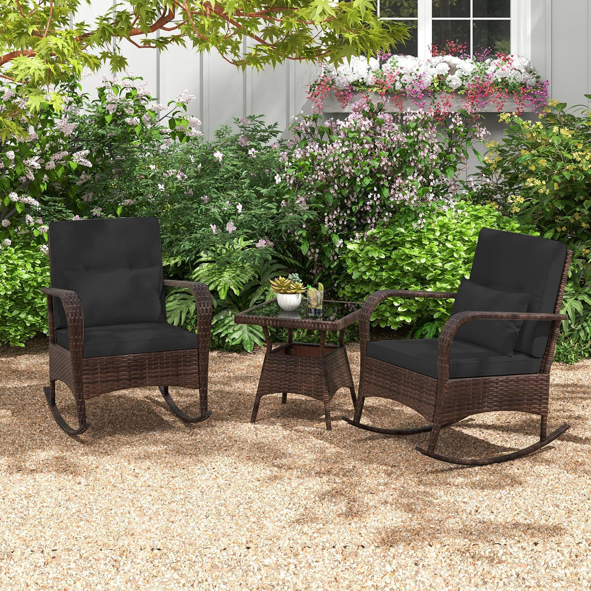 3 Pieces Rocking Bistro Set, Patiojoy Outdoor PE Rattan Rocker Chairs with Removable