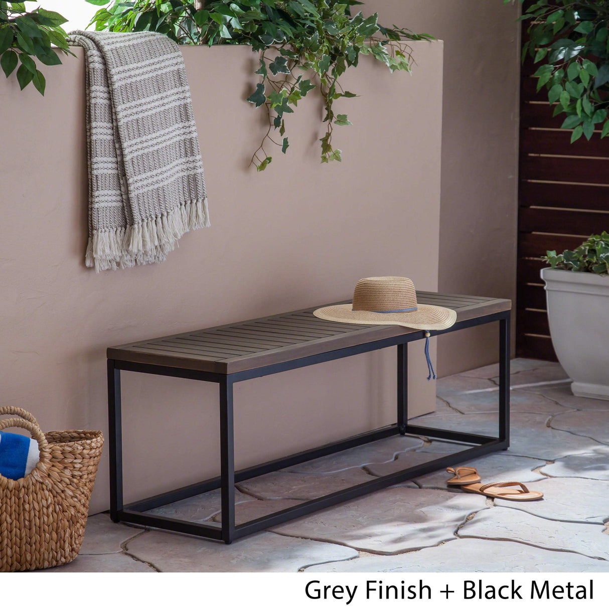 Christopher Knight Home Drew Outdoor Industrial Acacia Wood and Iron Bench, Gray, Grey Finish/Black Metal