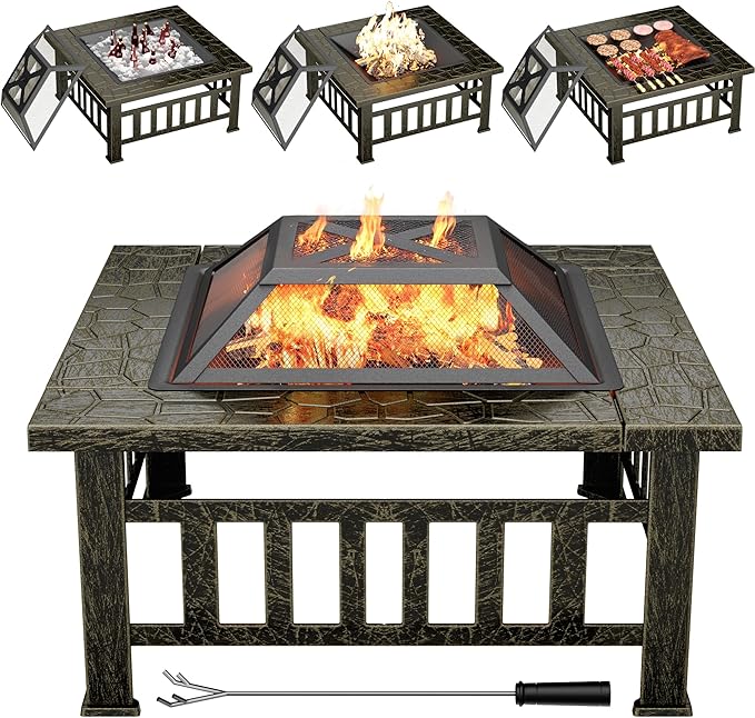 Multifunctional Patio Fire Pit Table, 32in Square Metal BBQ Firepit - Bircata
