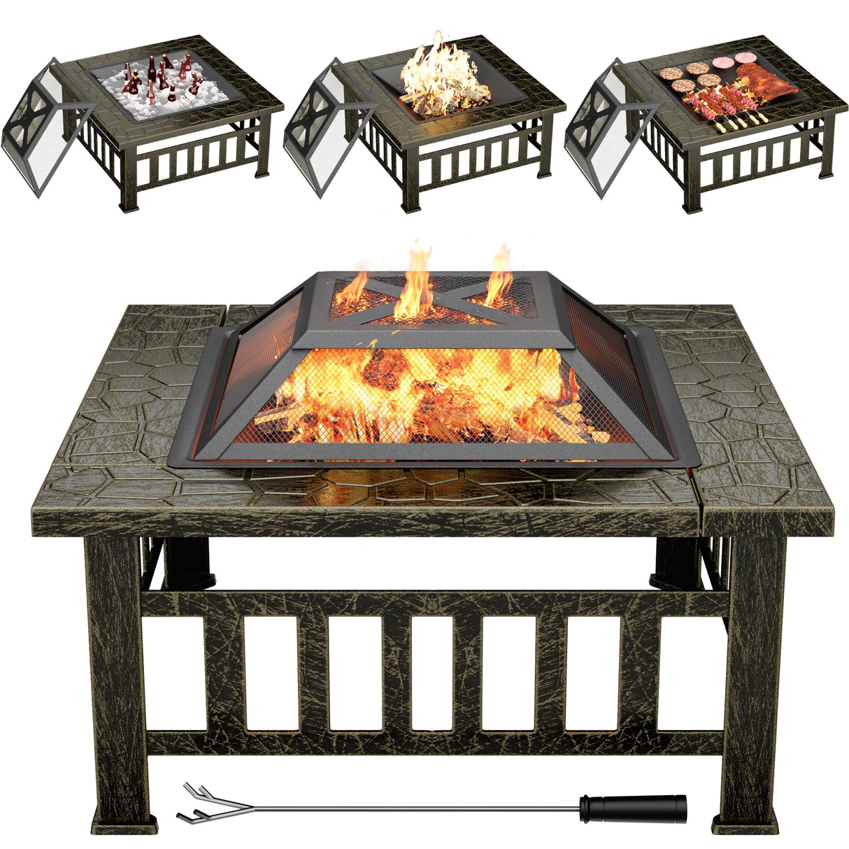 Multifunctional Patio Fire Pit Table, 32in Square Metal BBQ Firepit - Bircata