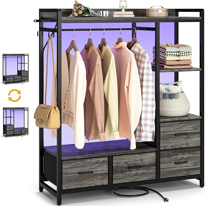 Hanger Rack, 4 Drawers Dresser for Bedroom with Power Outlet and LED Lights, Cute Dresser