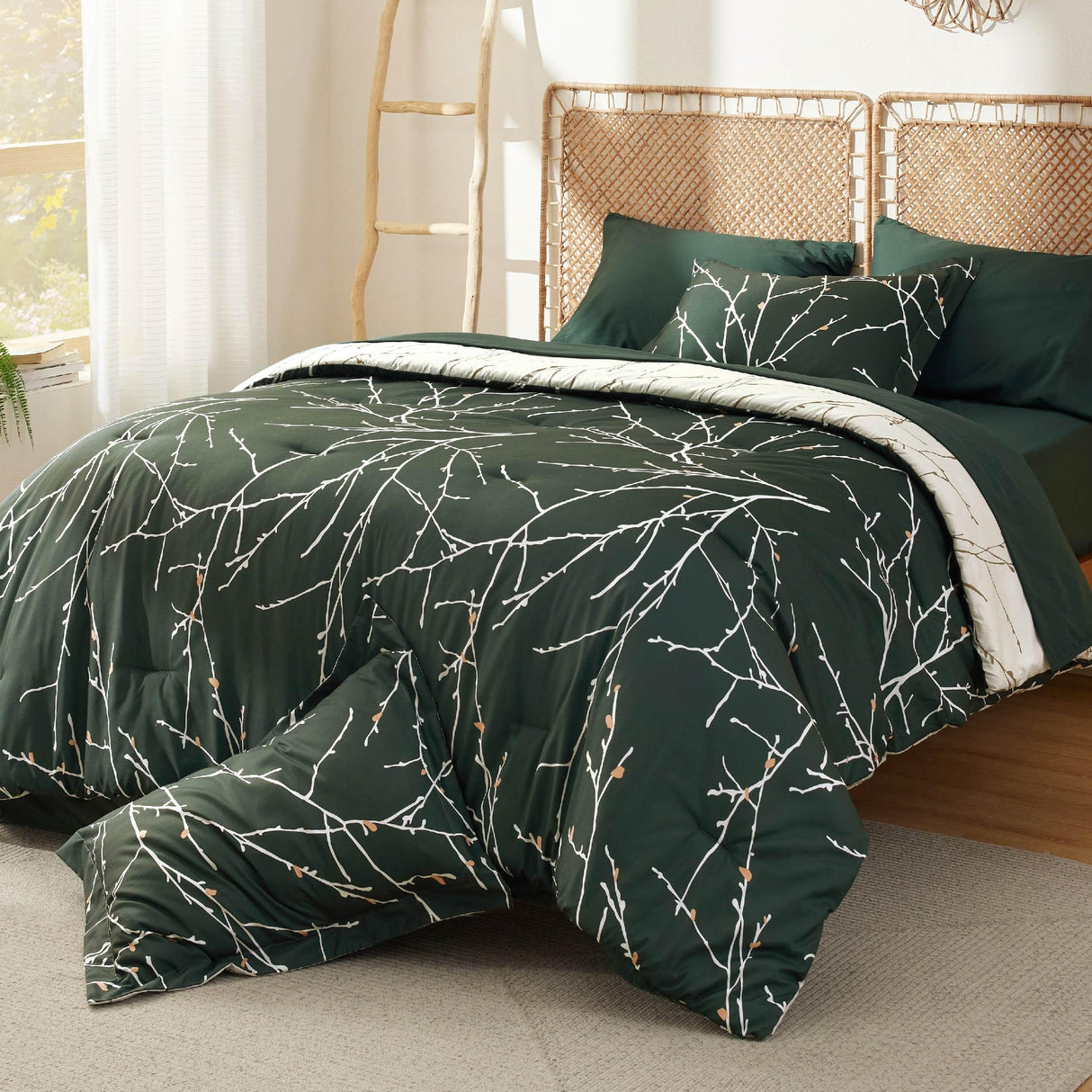 Forest Green Queen Comforter Set - 7 Pieces Floral Bedding Sets Queen Bed in a Bag
