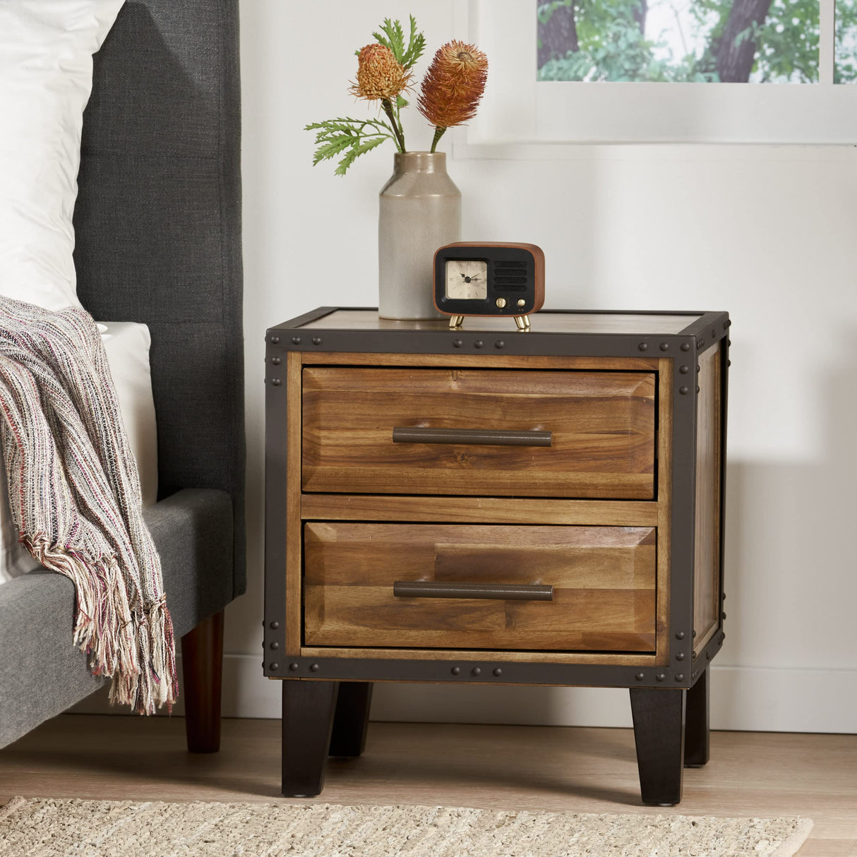 Lina Acacia Wood Two Drawer Night Stand, Natural Stained