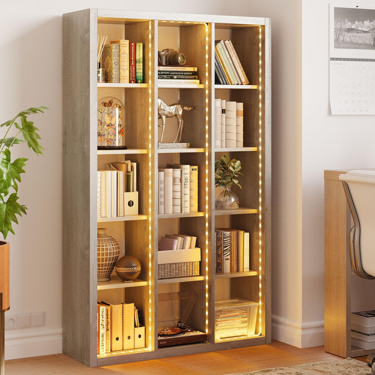 Cube Bookcase Storage Shelf Organizer with LED Lights, 5 Tier Bookshelves and Bookcases