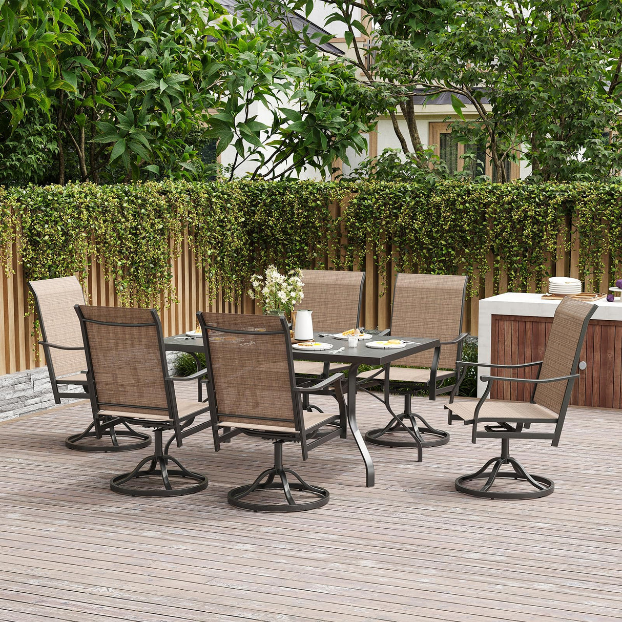 Outdoor Dining Set for 6, 7-Piece Patio Table and Chairs Set, 6 x Swivel Patio Dining Chairs