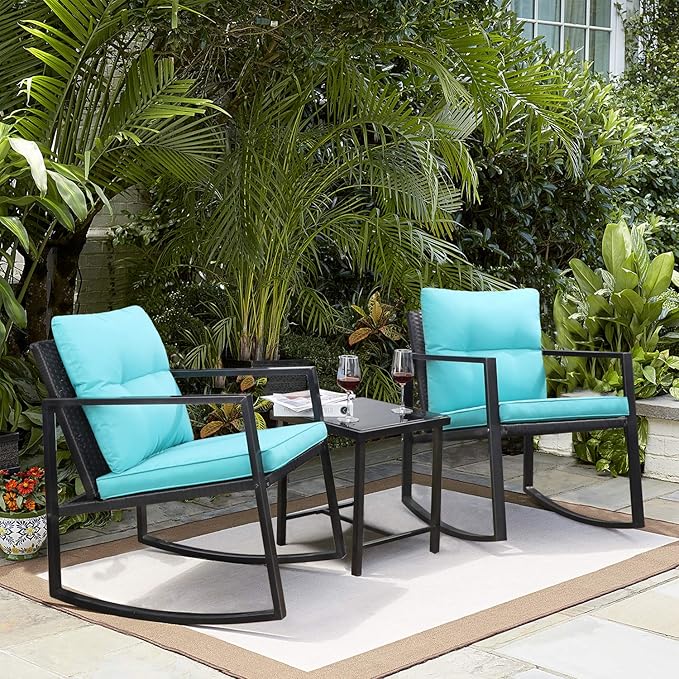 3 Pieces Rocking Wicker Bistro Set, Patio Outdoor Furniture Conversation Sets