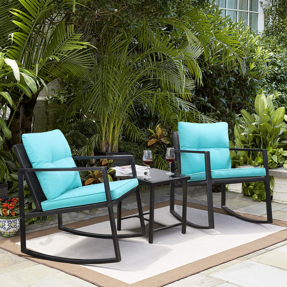 3-Piece Blue Wicker Patio Sofa Set with Rocking Bistro Chairs
