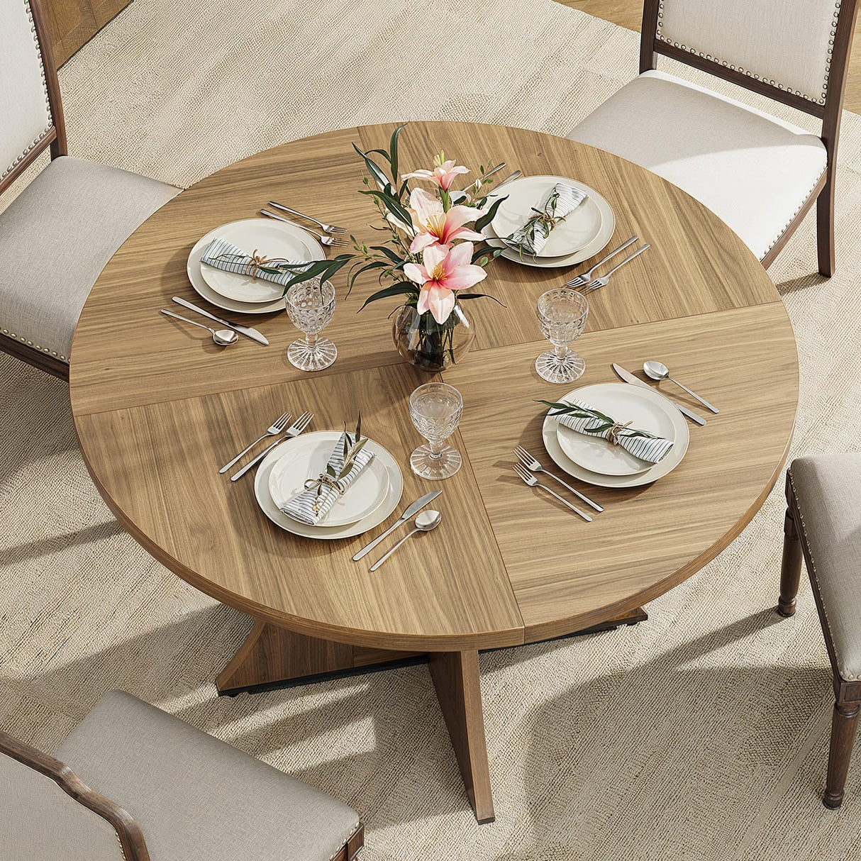 47.2 inch Round Dining Table for 4-6 People, Wood Kitchen Table for Dining Room