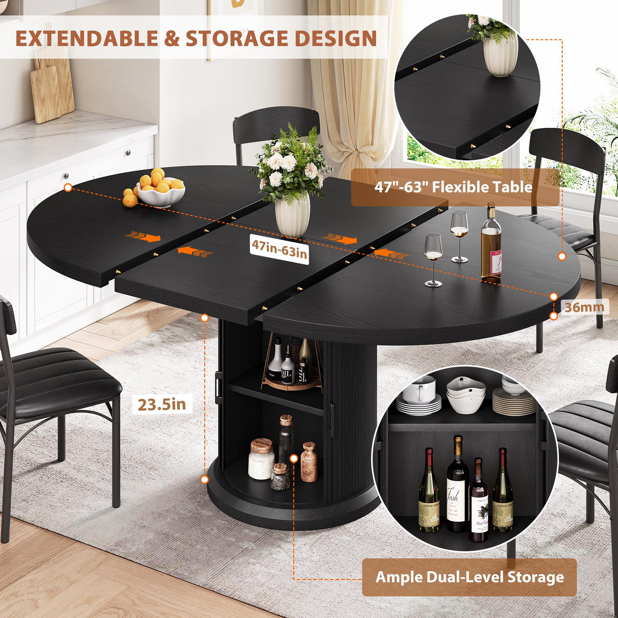 63" Extendable Round Dining Table for 4-6 with Storage Shelf