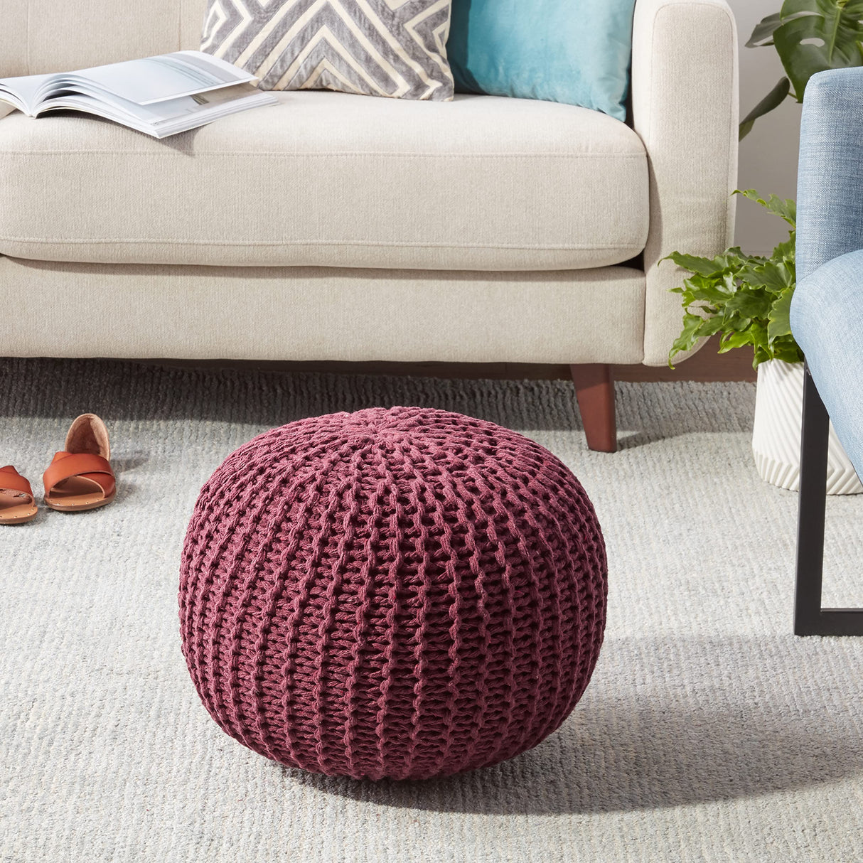 Round Knit Pouf, Wine