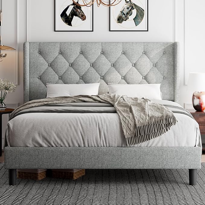 Queen Size Upholstered Platform Bed Frame, Wingback Bed Frame