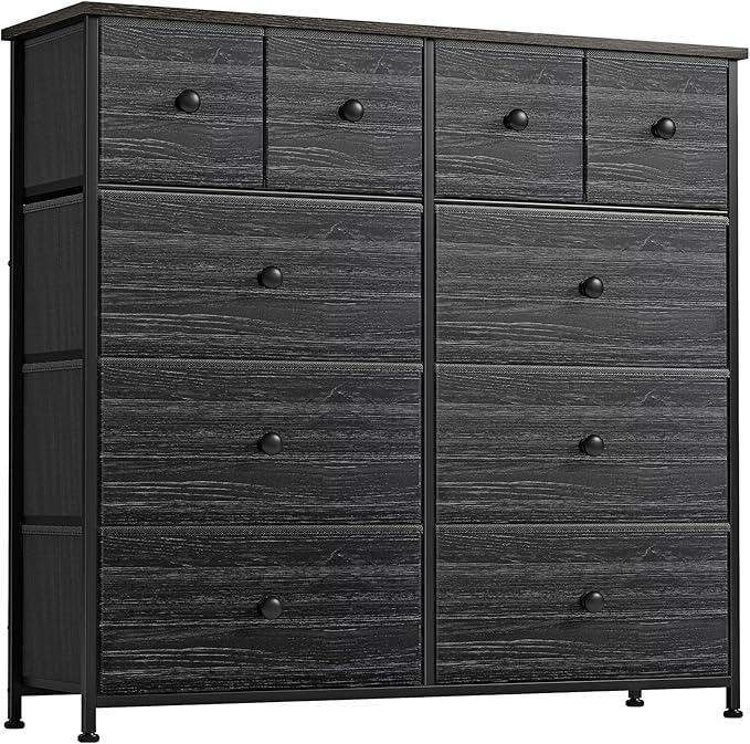 Bedroom with 10 Drawers, Wide Black Dresser with Wood Top