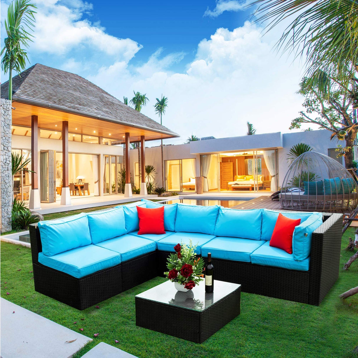 5 Pieces PE Rattan Sectional Outdoor Furniture Set with Cushions and Pillows