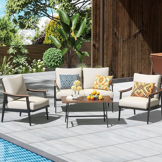 6 Pieces Patio Furniture Set, Outdoor Furniture Sofa Sectional Modern Metal Patio Conversation Set