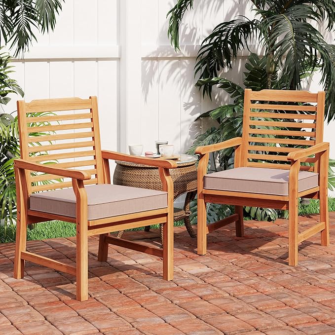 Outdoor Acacia Wood Dining Chairs Set of 2, Armchairs with Strong Wicker Back & Seat