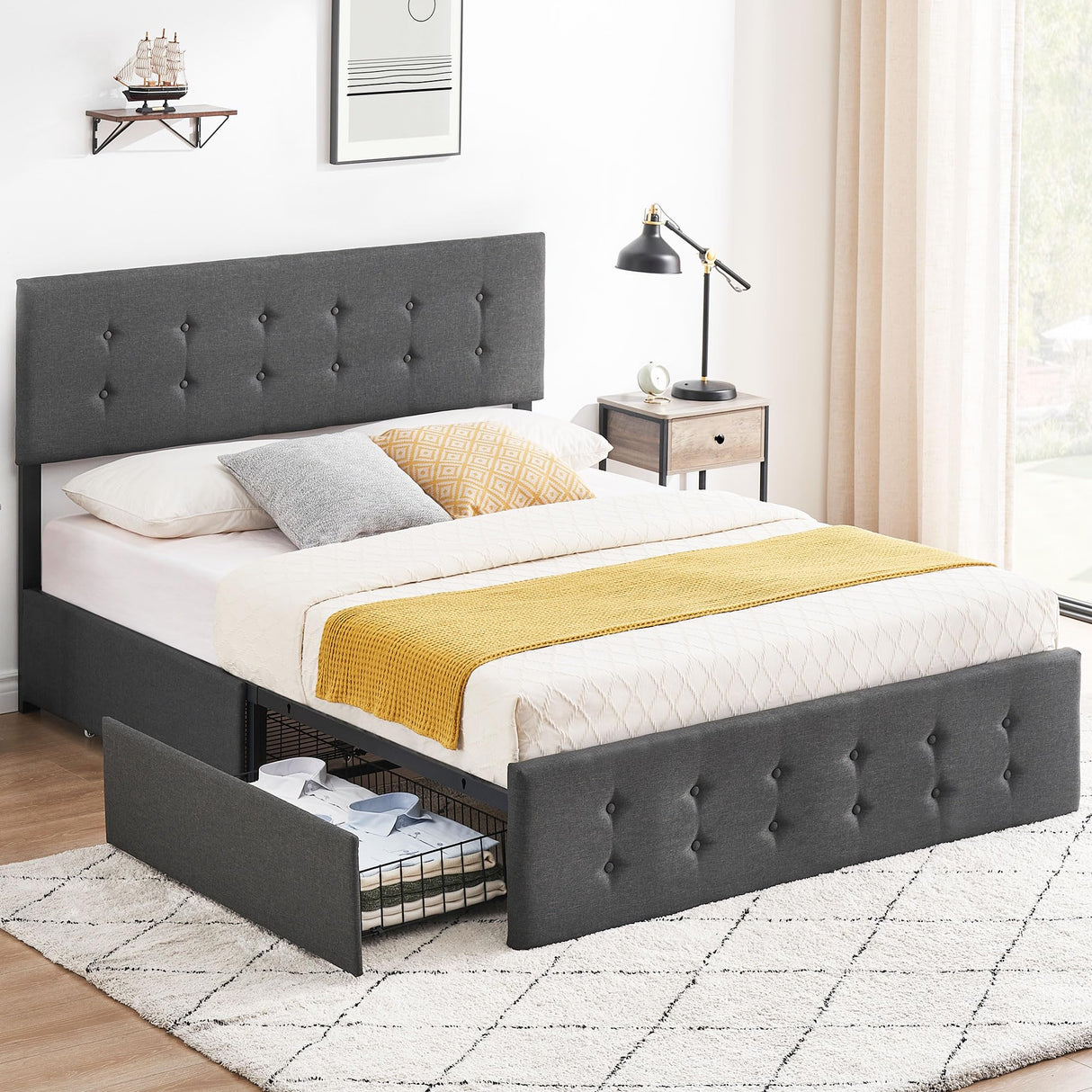 Queen Bed Frame with 4 Storage Drawers, Grey Tufted Design