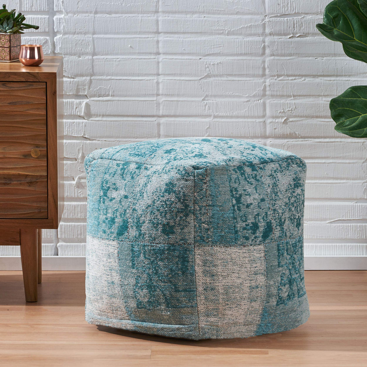 Hannah Hand-Loomed Boho Fabric Cube Pouf, Teal, Beige
