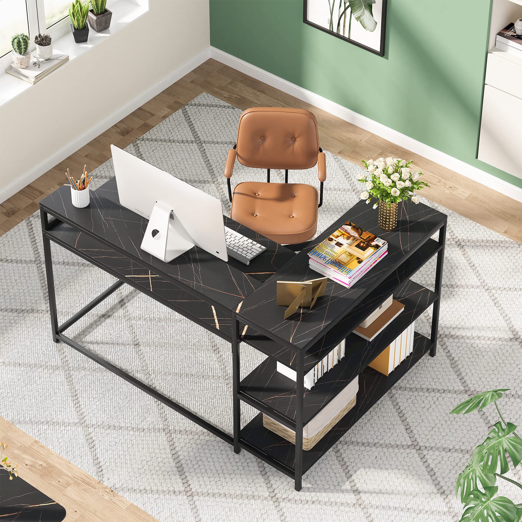 Tribesigns 53 Inch Reversible L Shaped Desk with Storage Shelf, Modern Black Marble Corner Desk with Shelves and Monitor Stand, Gaming Desk for Home Office (53" D x 41" W)