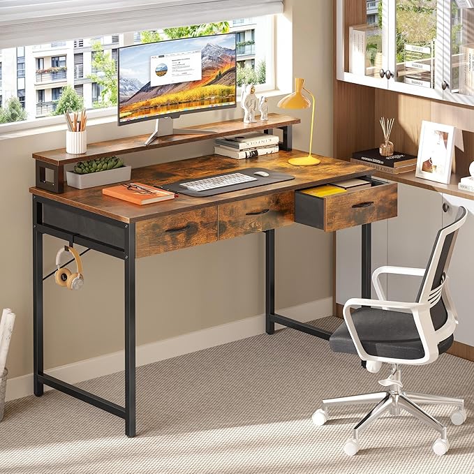Small Computer Desk with Drawers, Office Desk with Monitor Stand for Small Spaces