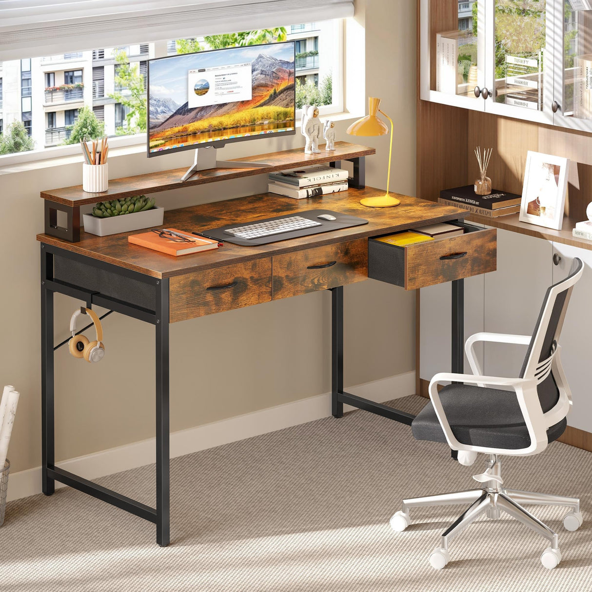 Small Computer Desk with Drawers, Office Desk with Monitor Stand for Small Spaces