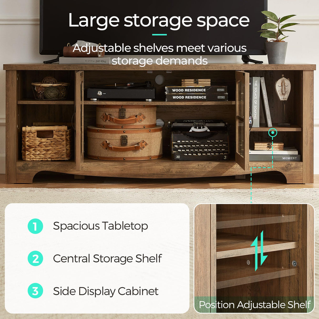 Farmhouse TV Stand for 65 Inch TV, Wood Entertainment Center with Glass Door Storage