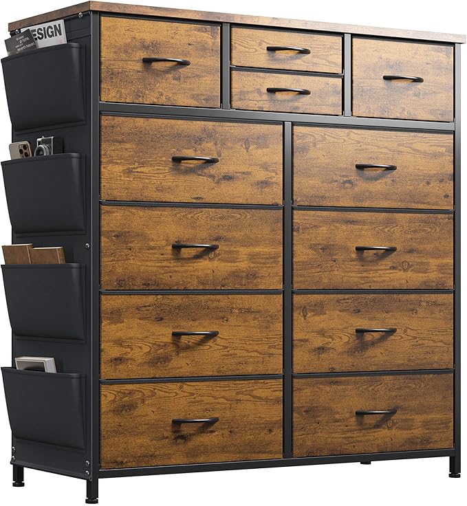 Tall Dresser for Bedroom with 12 Drawers,Dresser Chest of Drawers with Side Pockets