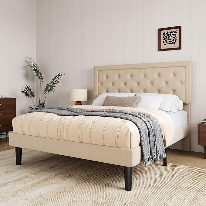Full Size Bed Frame Upholstered Platform Bed with Adjustable Headboard