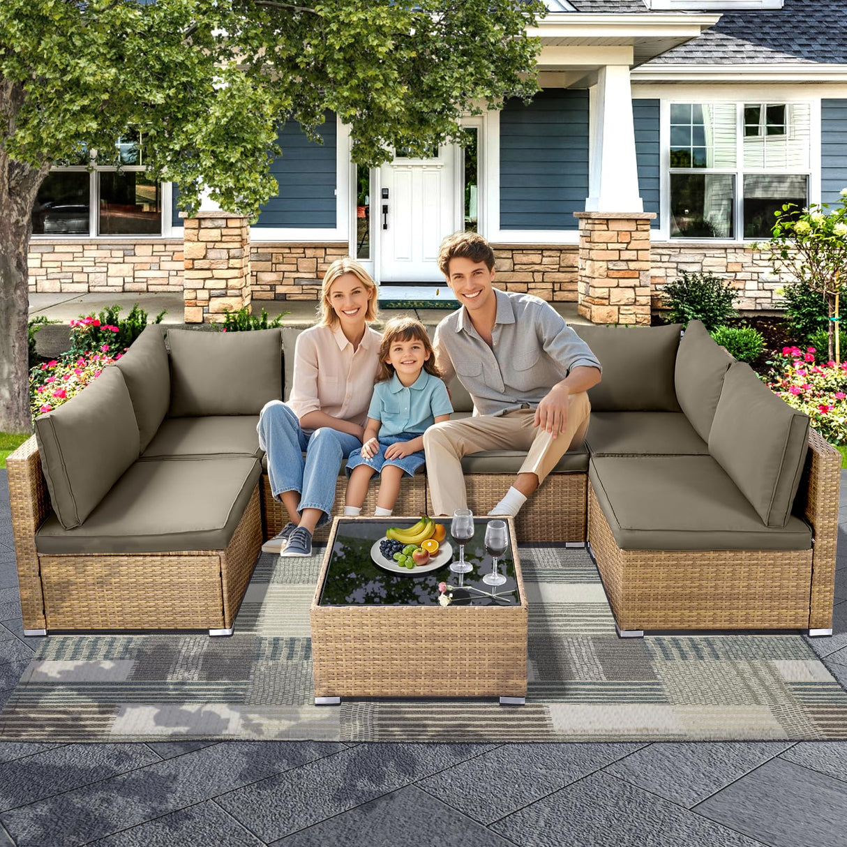 7 Pieces Outdoor Sectional Furniture Set, Patio Wicker Sectional Sofa Couch