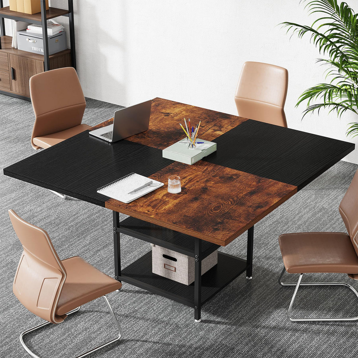 47-Inch Square Conference Table for 4-6 People, Wood Meeting Room Table