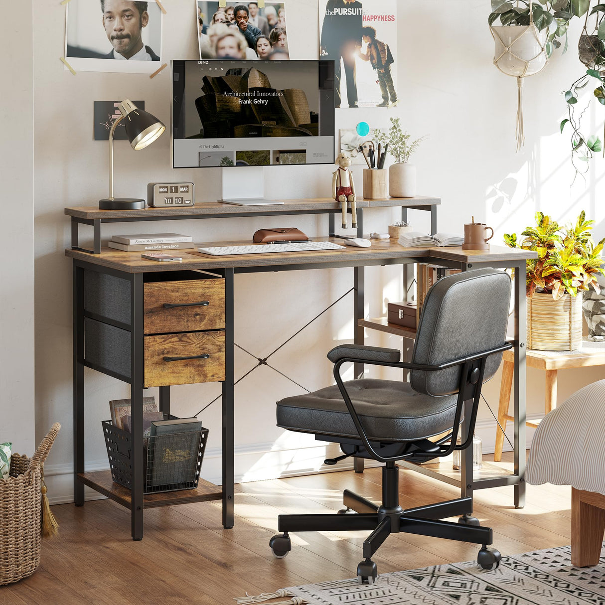 L Shaped Computer Desk with Monitor Stand & Shelves, 47 Inch Corner Home Office Desk Writing Table with Storage Drawer, Brown