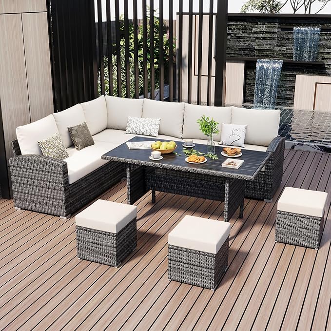 Patio Furniture Set 5 Pieces, Outdoor Seating Furniture with 7 Seat and Glass Coffee Table