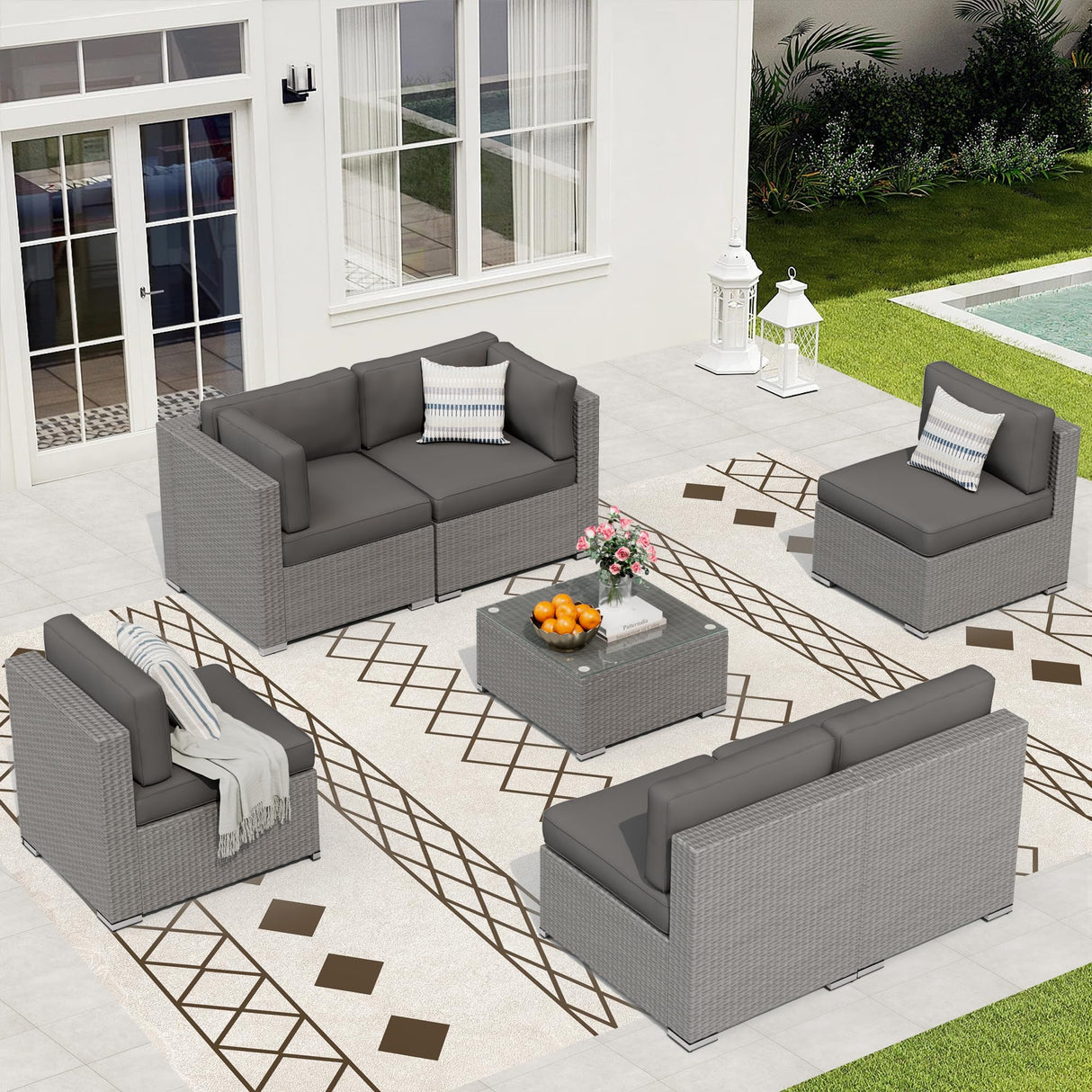 7 Piece Outdoor Sectional Sofa Patio Furniture Set, All-Weather PE Grey Wicker Patio Conversation Set