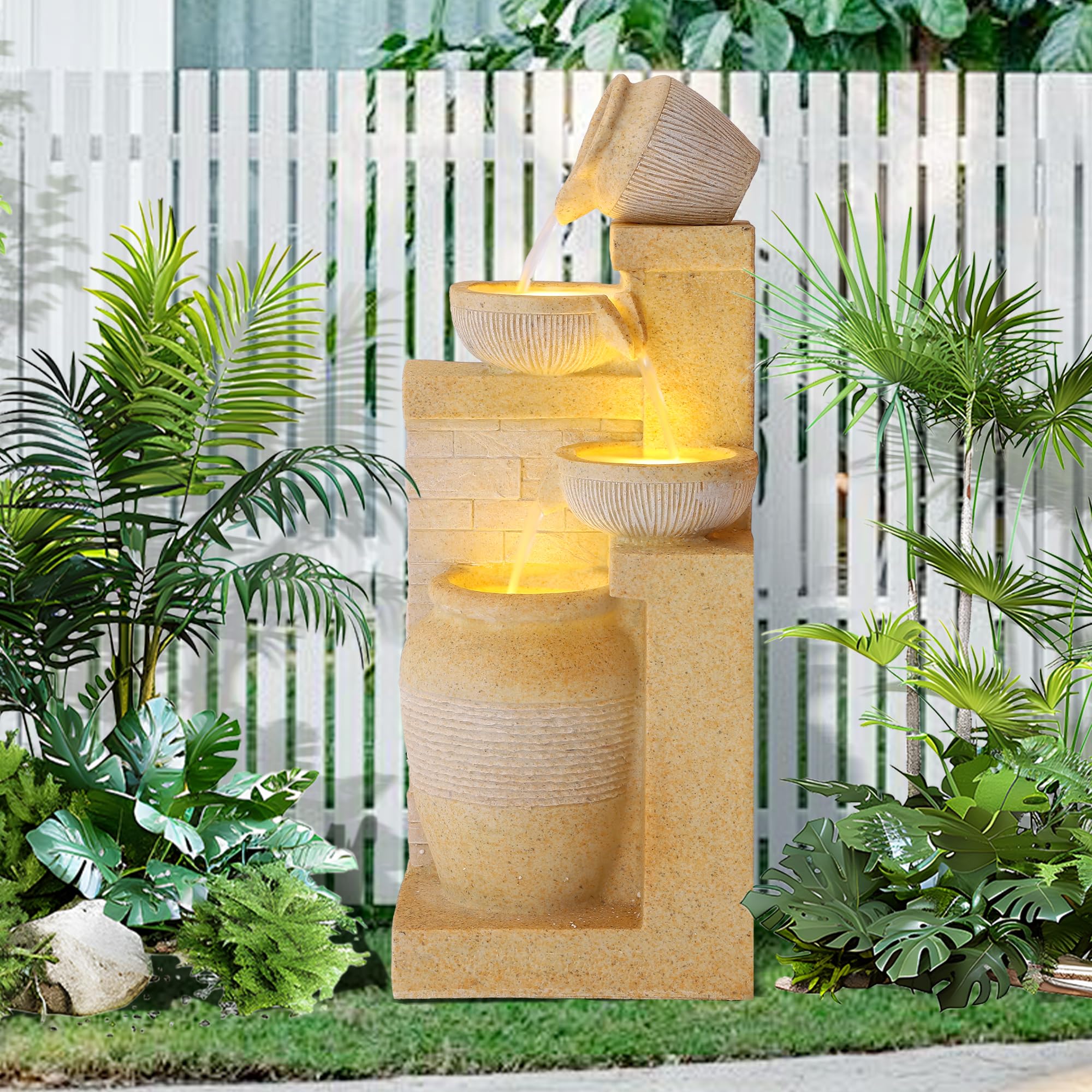 Outdoor 4-Tiers Water Fountain, Garden Cascading Waterfalls Fountain with LED Lights