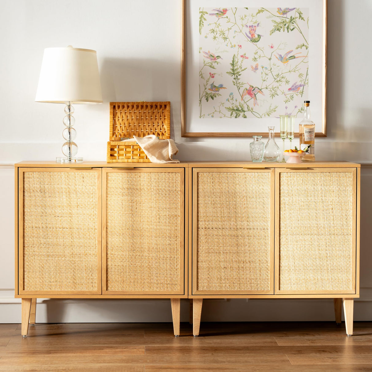 Accent Storage Cabinet Set of 2 Sideboard with Rattan Doors, Boho Buffet Kitchen Bar