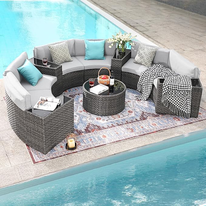 Outdoor Patio Furniture 11-Piece Half-Moon Sectional Round Patio Furniture Set