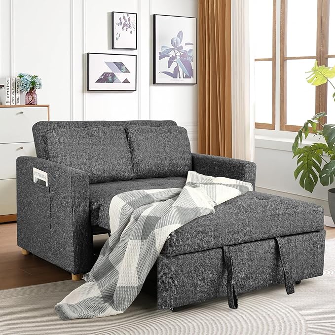 3-in-1 Convertible Sofa Bed, Linen Fabric Sleeper Couch Pull Out Bed, 49" 2-Seater Loveseat Futon Sofa with Spring Support, Adjustable Backrest and Pillows for Small Spaces, Living Room