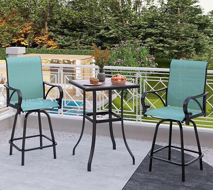 Outdoor Patio Swivel Bar Set of 3, Jacquard Lake Blue Textilene Furniture Bistro Set