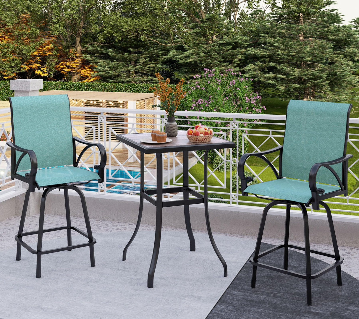 Outdoor Patio Swivel Bar Set of 3, Jacquard Lake Blue Textilene Furniture Bistro Set