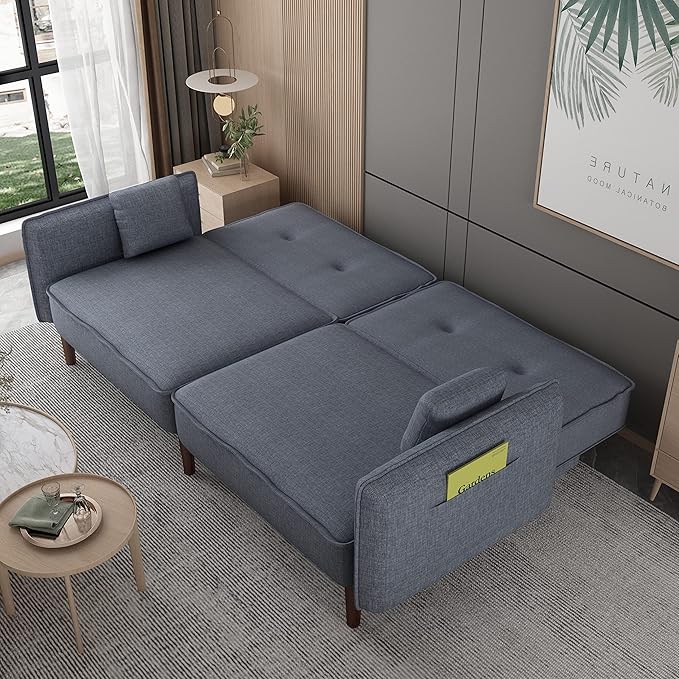 Futon Sofa Bed, Convertible Sleeper Sofa with Magazine Bag, Small Splitback Sofa