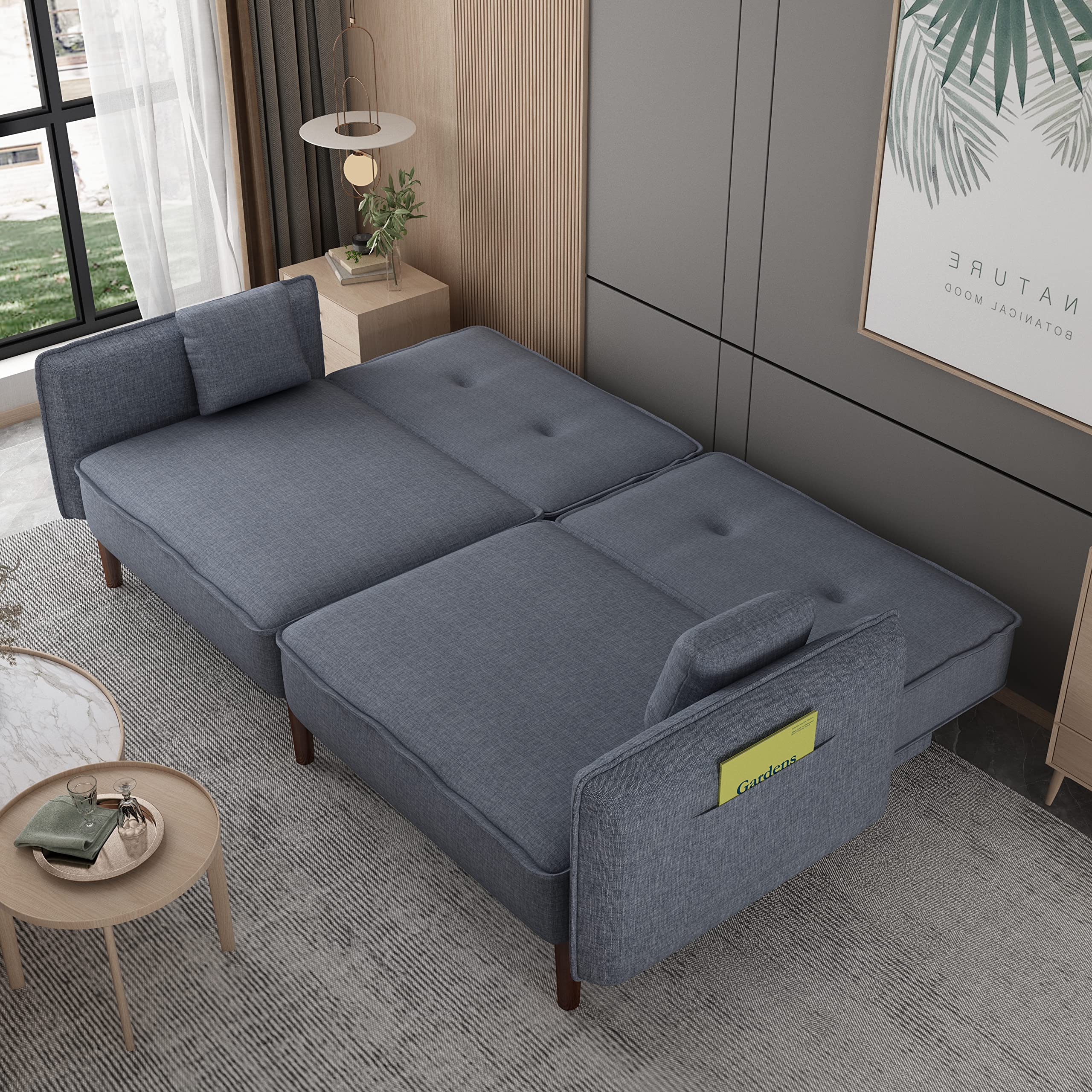 Futon Sofa Bed, Convertible Sleeper Sofa with Magazine Bag, Small Splitback Sofa