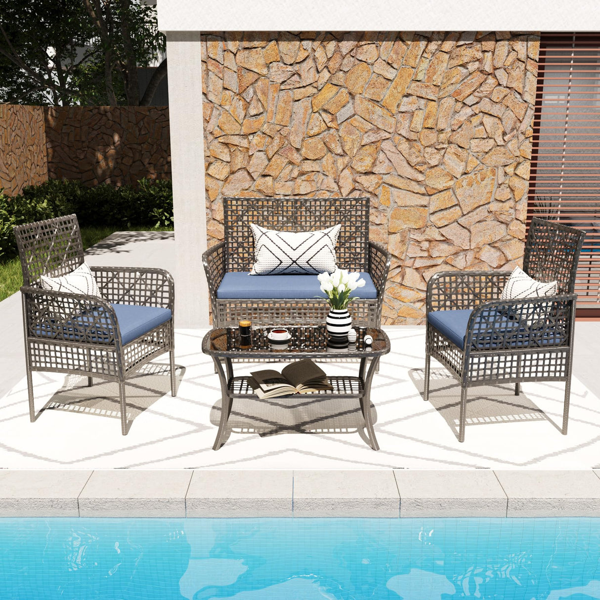 4 Pieces Outdoor Patio Furniture Set,PE Rattan Wicker Garden Conversation Chairs