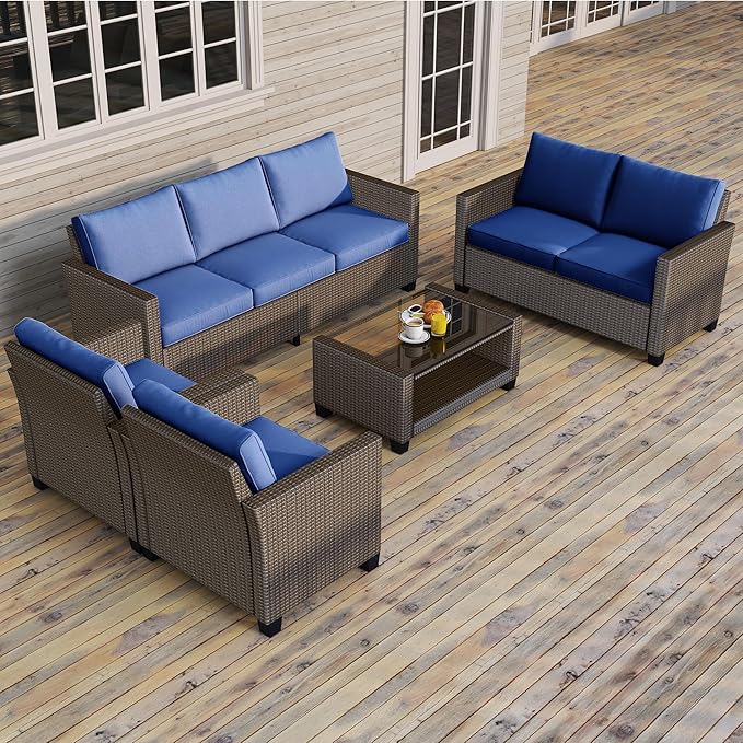 Patio Furniture Set 5 Pieces, Outdoor Seating Furniture with 7 Seat and Glass Coffee Table