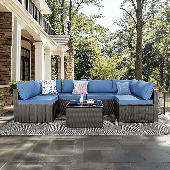 7 Pieces Patio Furniture Set - Outdoor Sectional Wicker Rattan Furniture