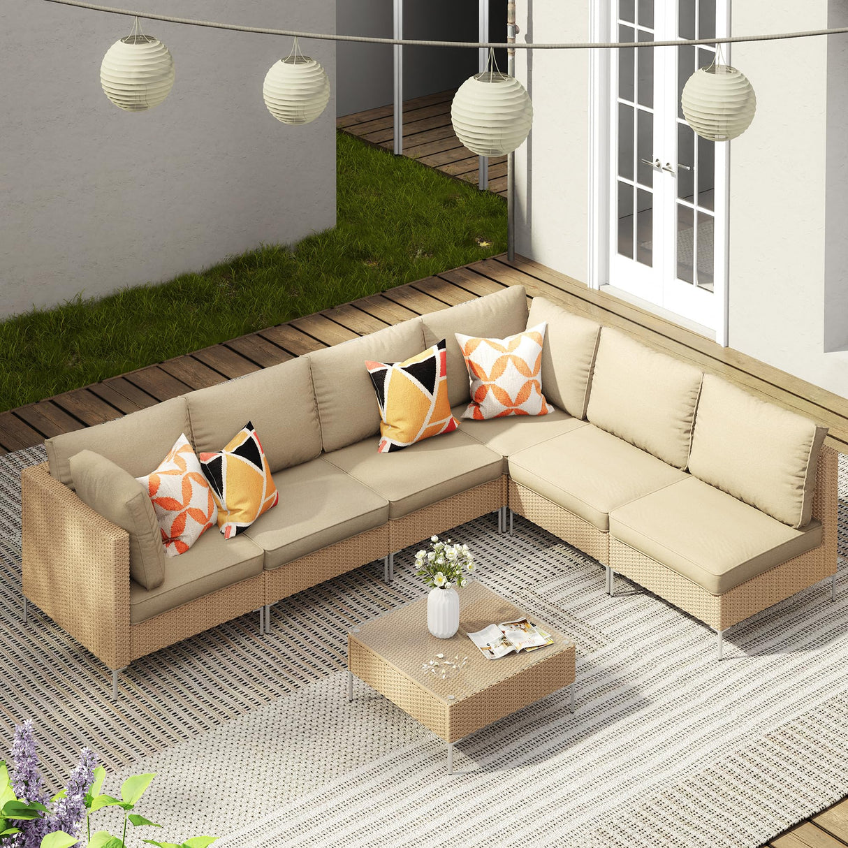 7 Pieces Wicker Patio Furniture Set, Outdoor Conversation Set Sectional Sofas